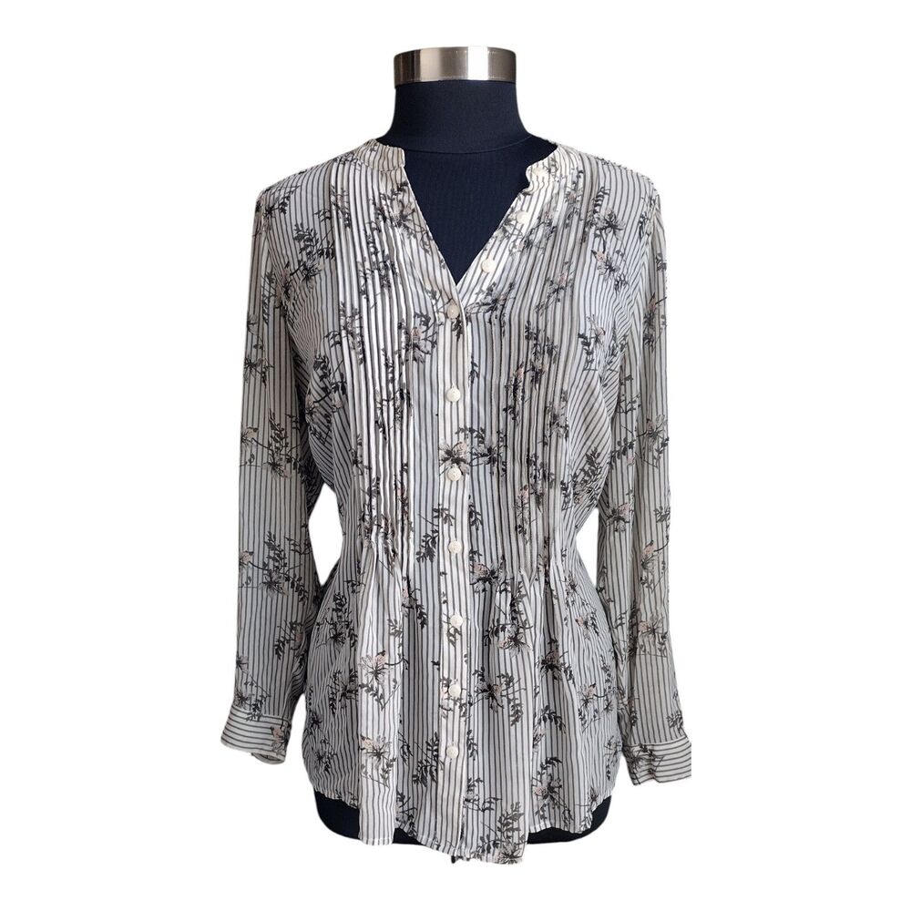 Style & Co Womens OX (12W) Striped Floral Top Roll Tab Sleeve Button Up Pleated